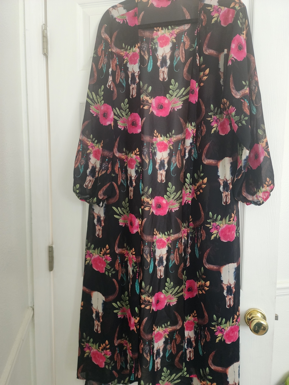 L&B Black Sheer Floral Kimono with Pink Blooms